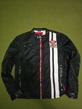 Vintage Energie brand jacket features racing-inspired patches and contrasting st